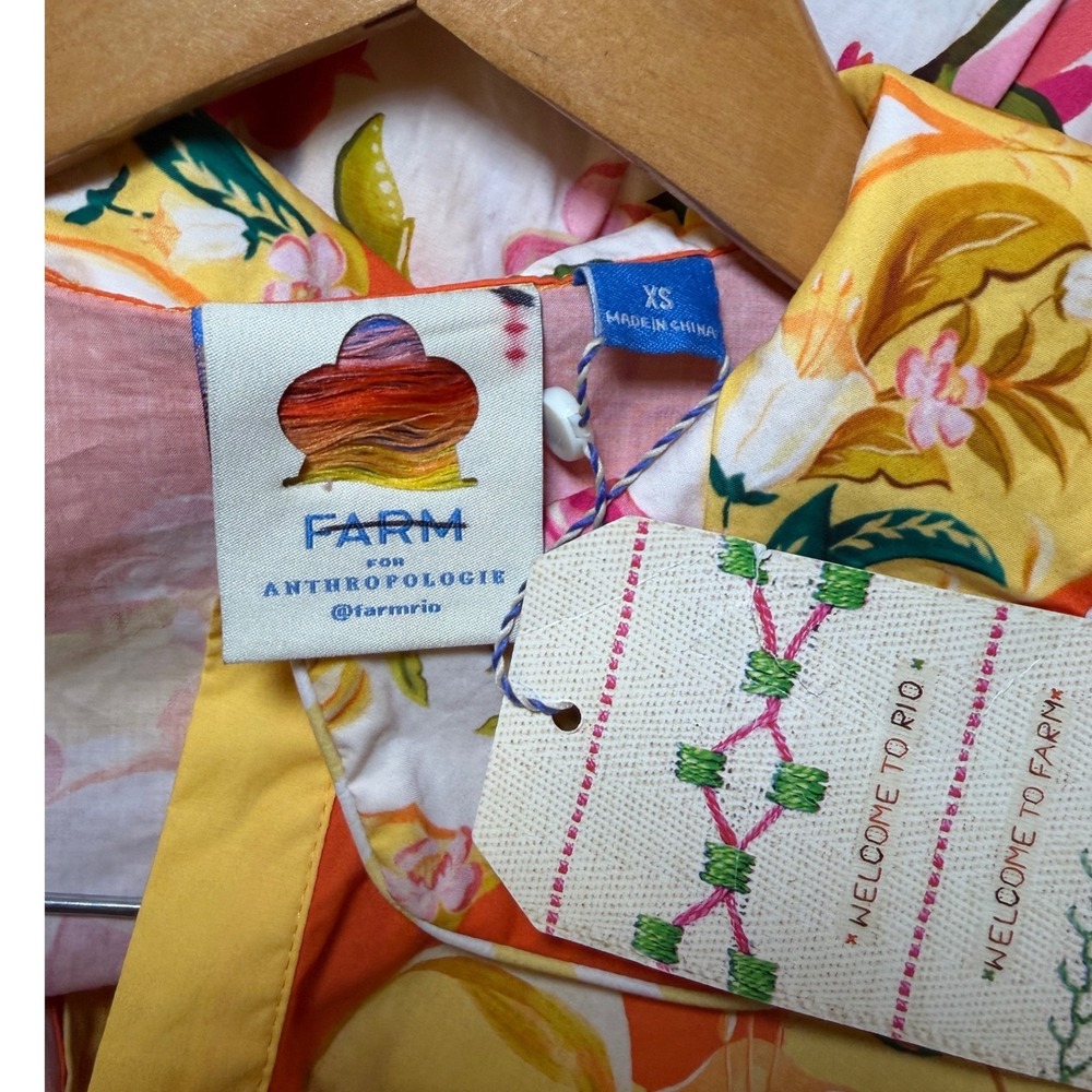 Farm Rio Talita Floral Puff Sleeve Mini Dress Orange Button Front XS NEW - Picture 8 of 14